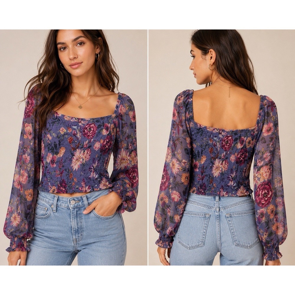 Anthropologie Floral Smocked Crop Top Womens XS Purple Long Sleeve Cottagecore - Picture 1 of 7